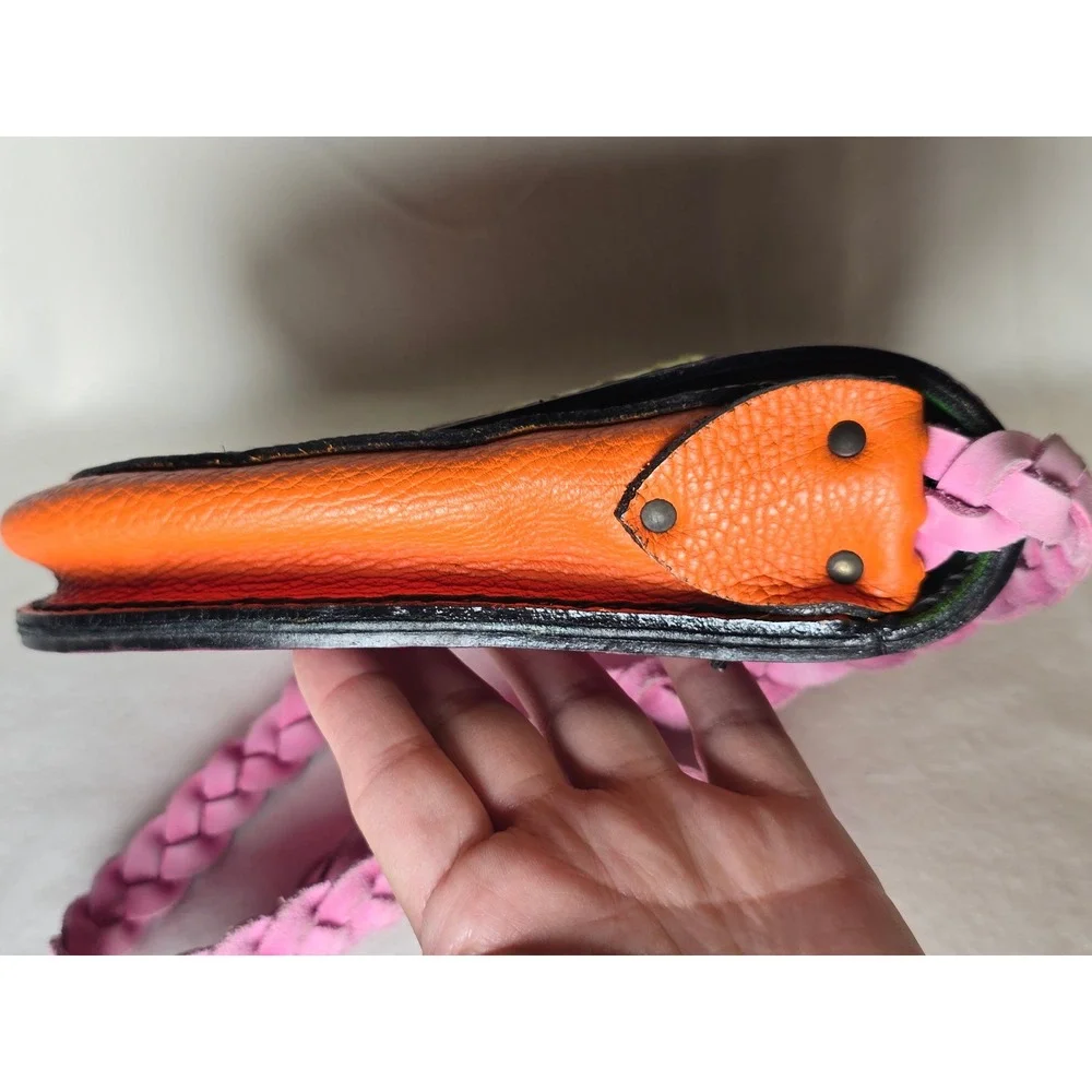 Handmade Leather Crossbody Bag Braided Strap Colorblock Pink Orange Green - Picture 13 of 16